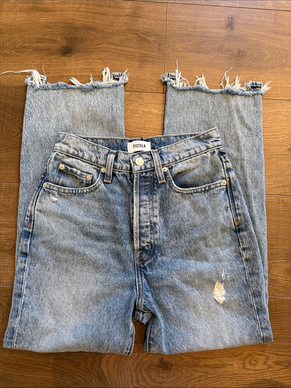 pistola Light Blue Distressed Raw Hem Cropped Jeans